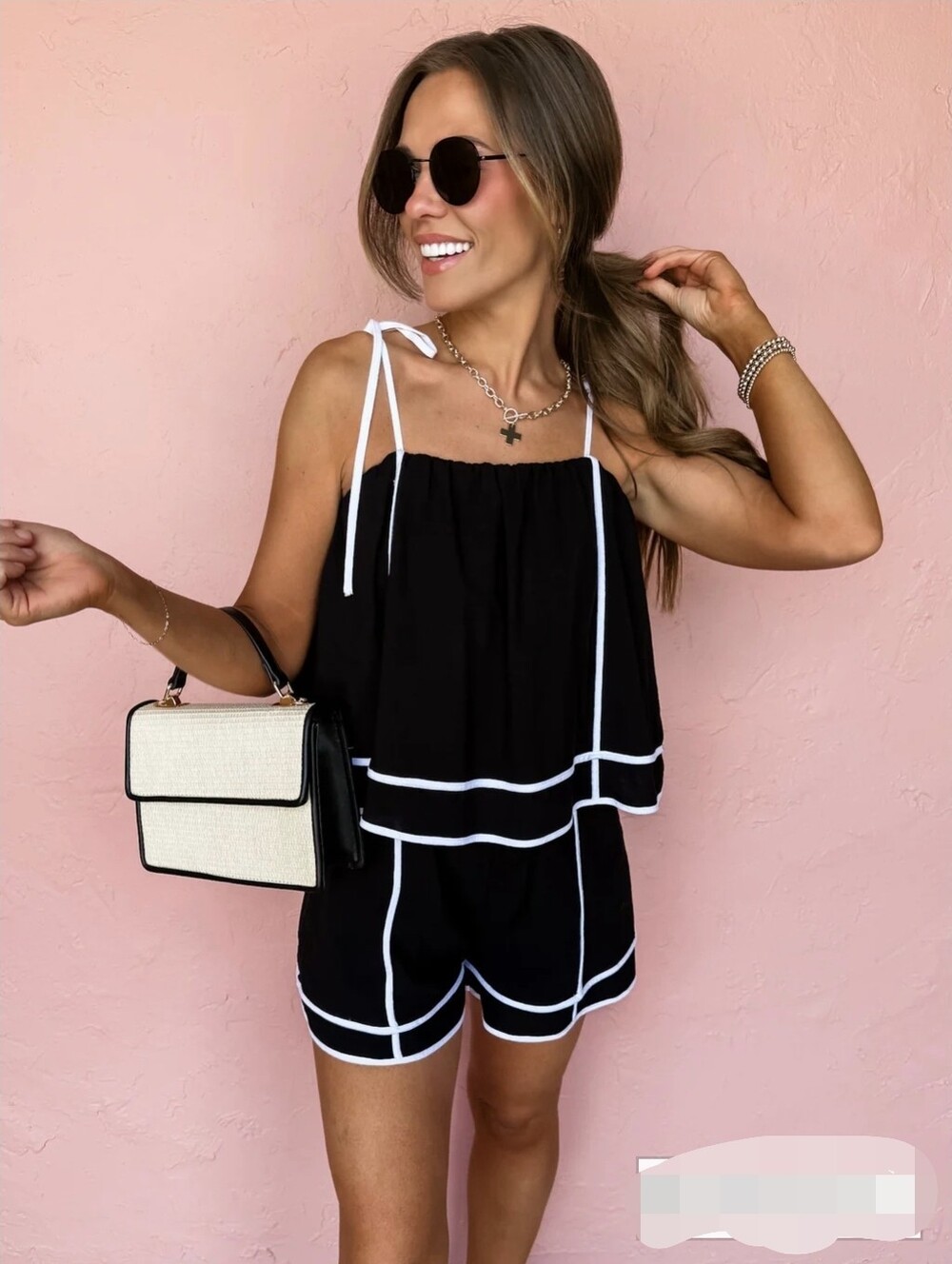 Black Two-Piece Tank & Shorts Set with White Piping